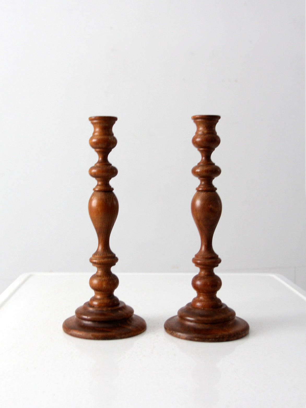 vintage wooden candlestick holders pair