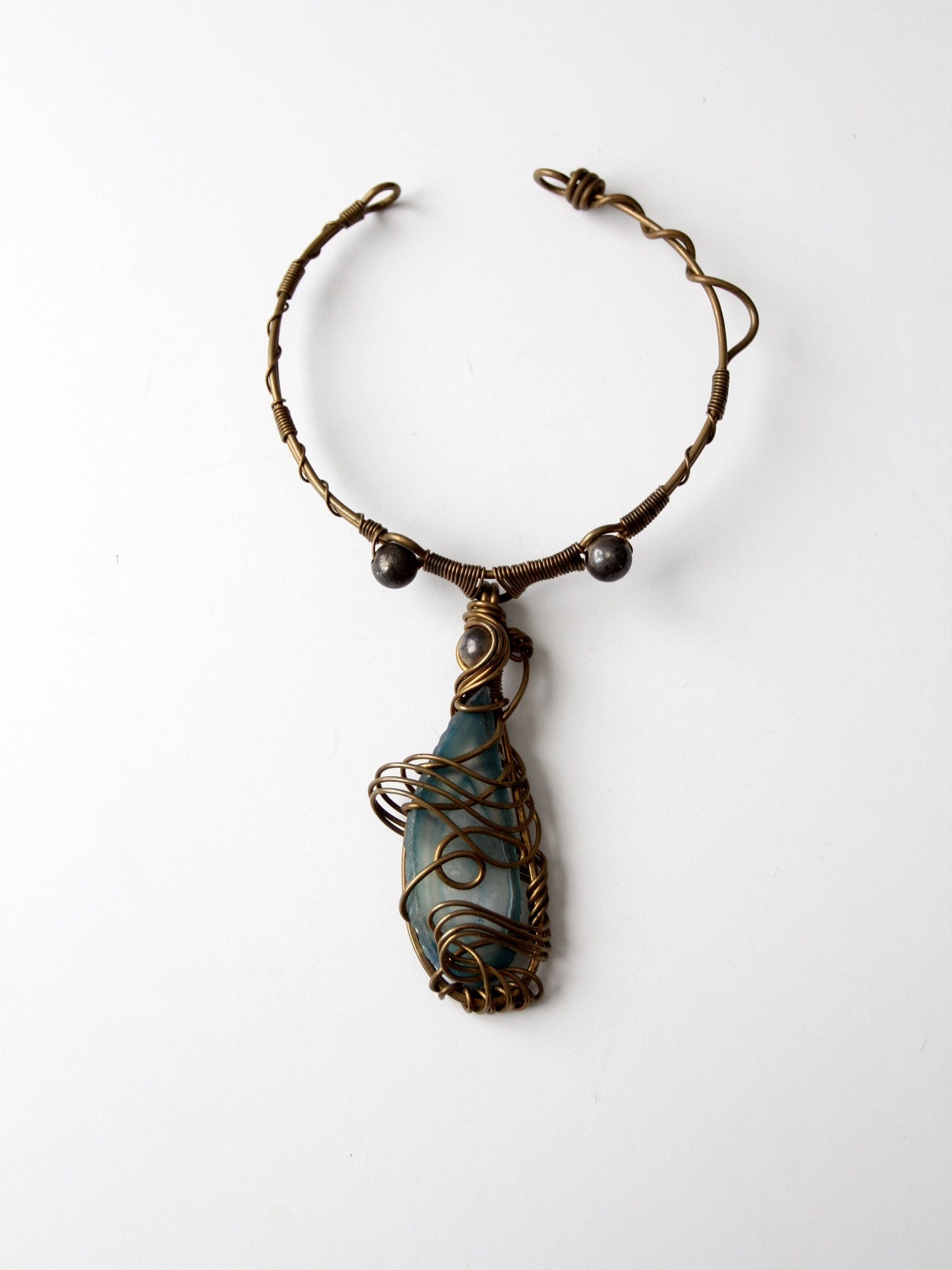 vintage 60s brutalist brass choker with agate pendant