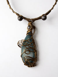 vintage 60s brutalist brass choker with agate pendant