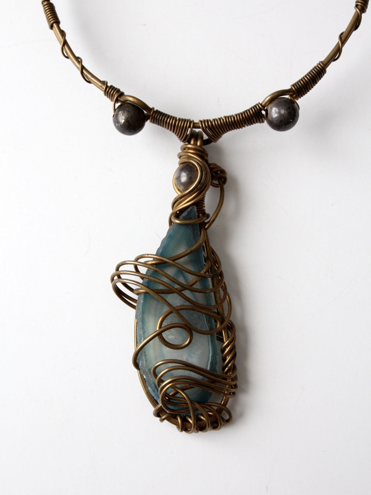 vintage 60s brutalist brass choker with agate pendant