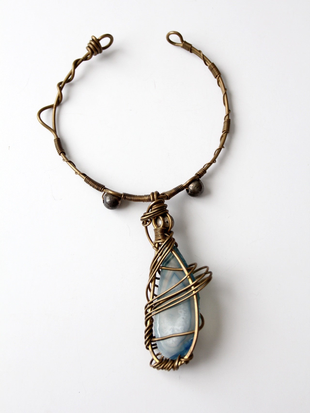 vintage 60s brutalist brass choker with agate pendant