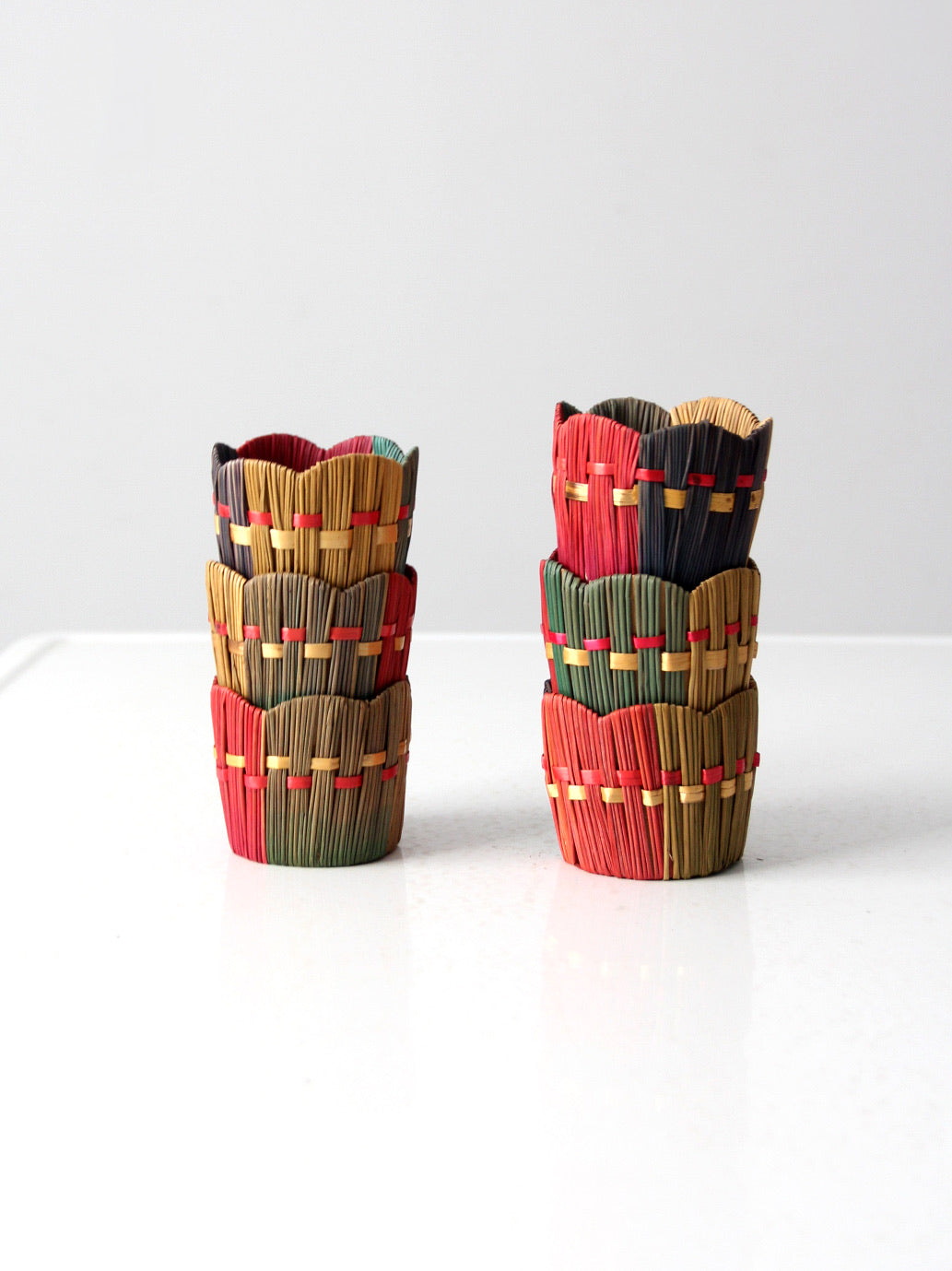 vintage woven straw drink holders set 6