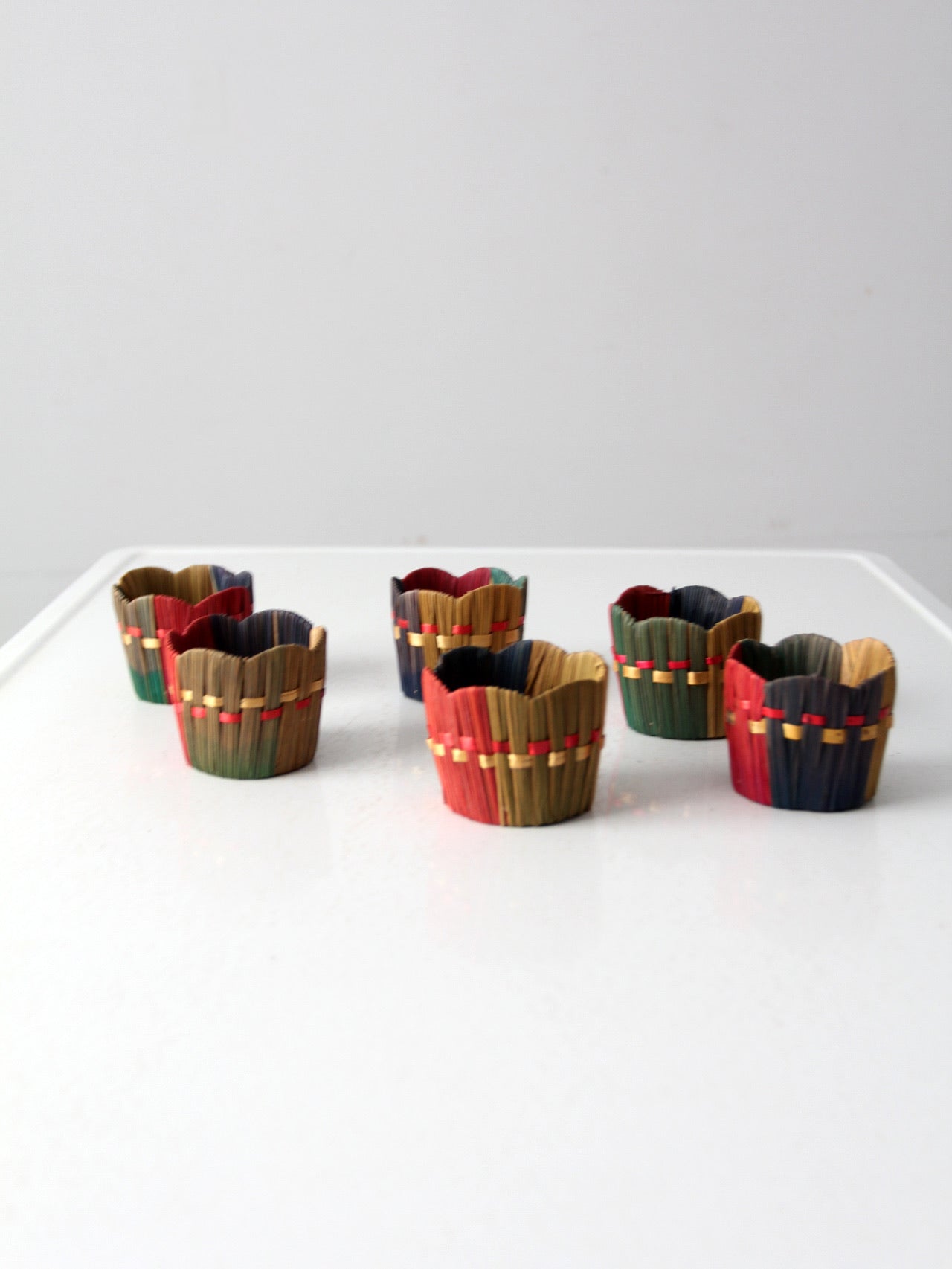 vintage woven straw drink holders set 6
