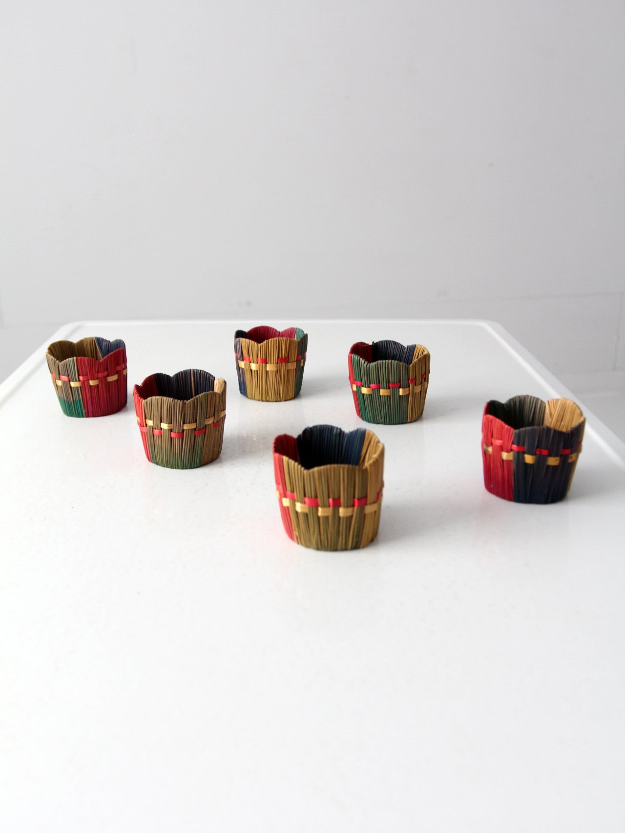 vintage woven straw drink holders set 6