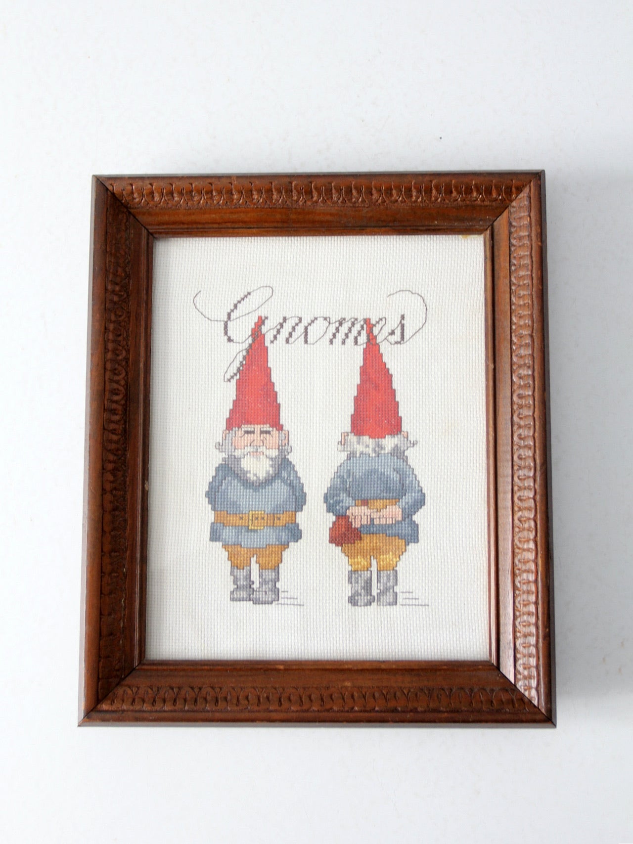 vintage Gnomes cross-stitch in frame