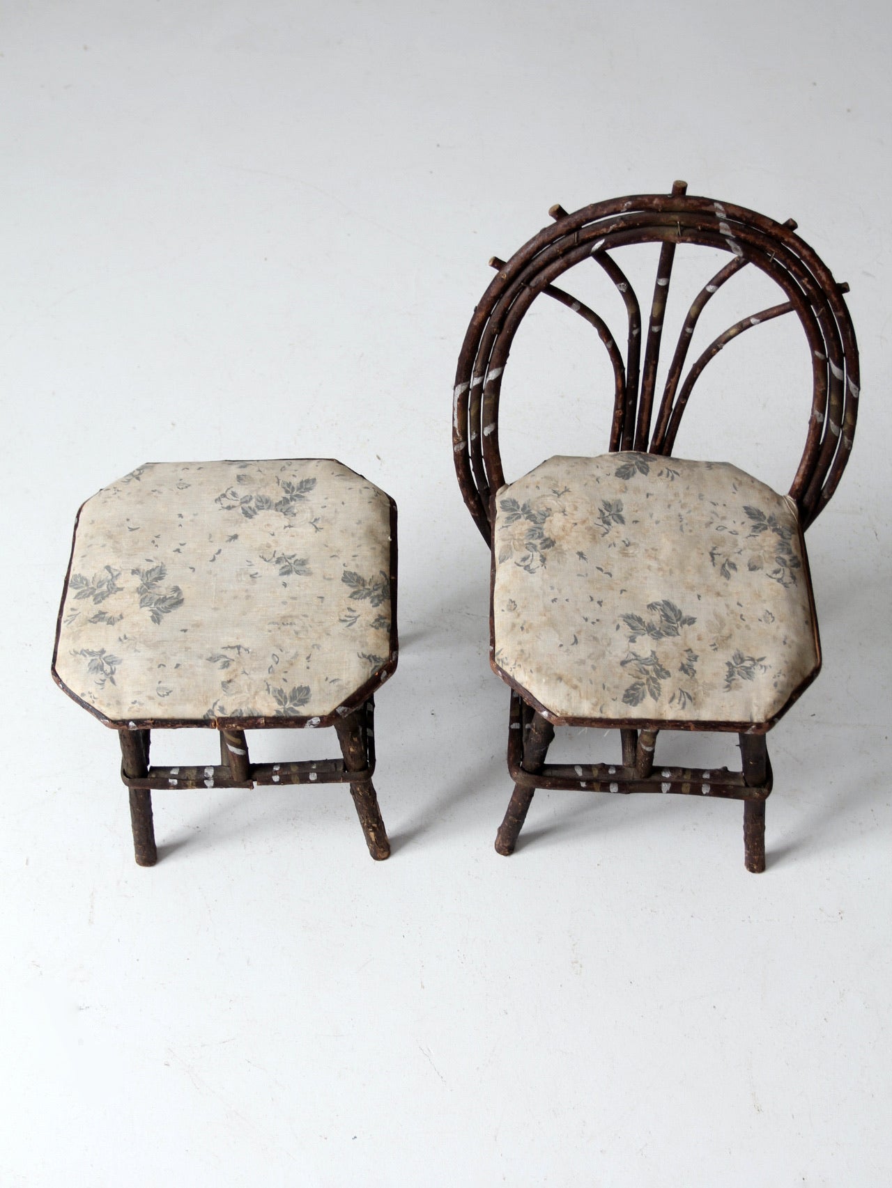 antique Adirondack children's twig chair and stool
