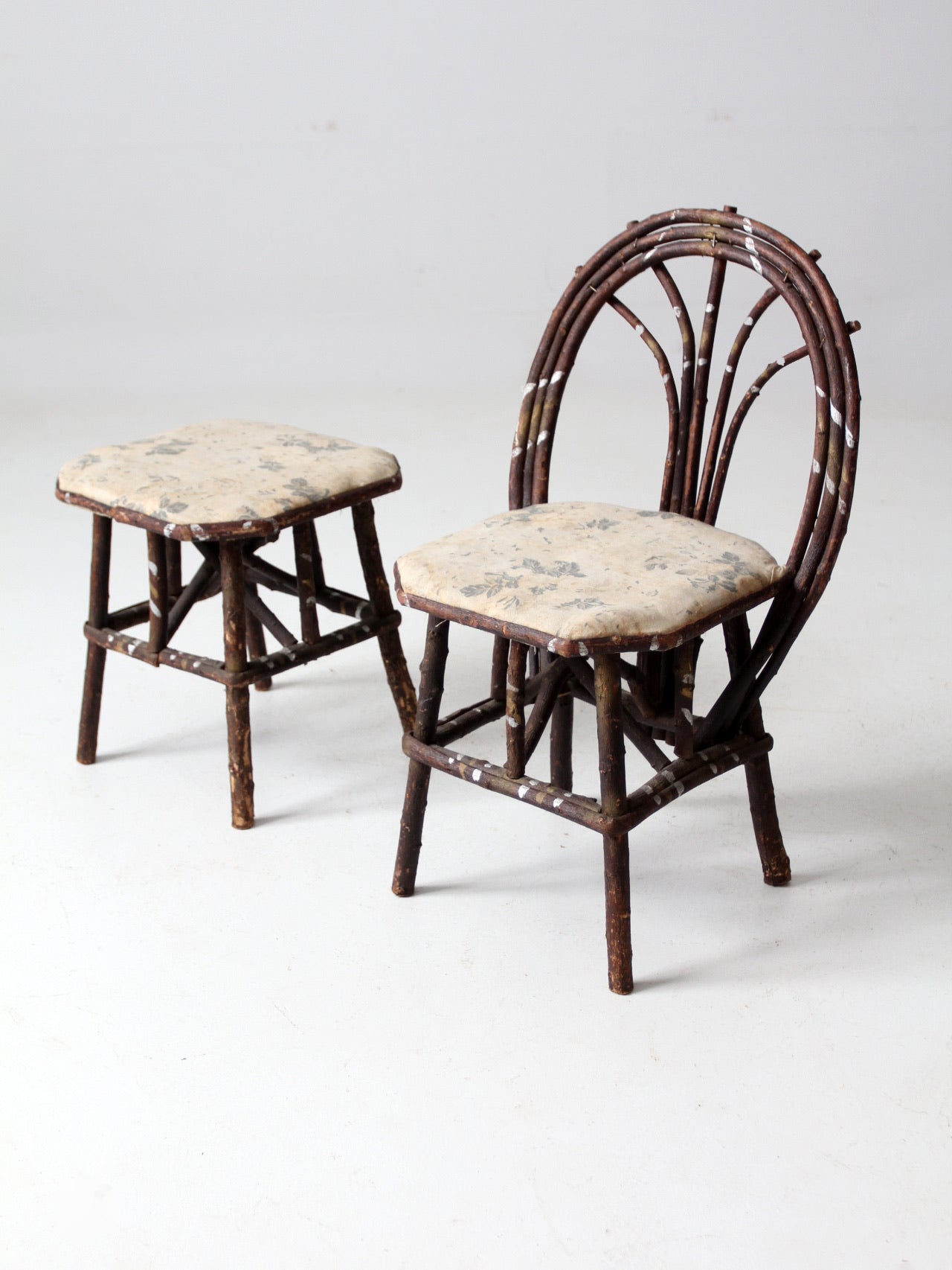 antique Adirondack children's twig chair and stool