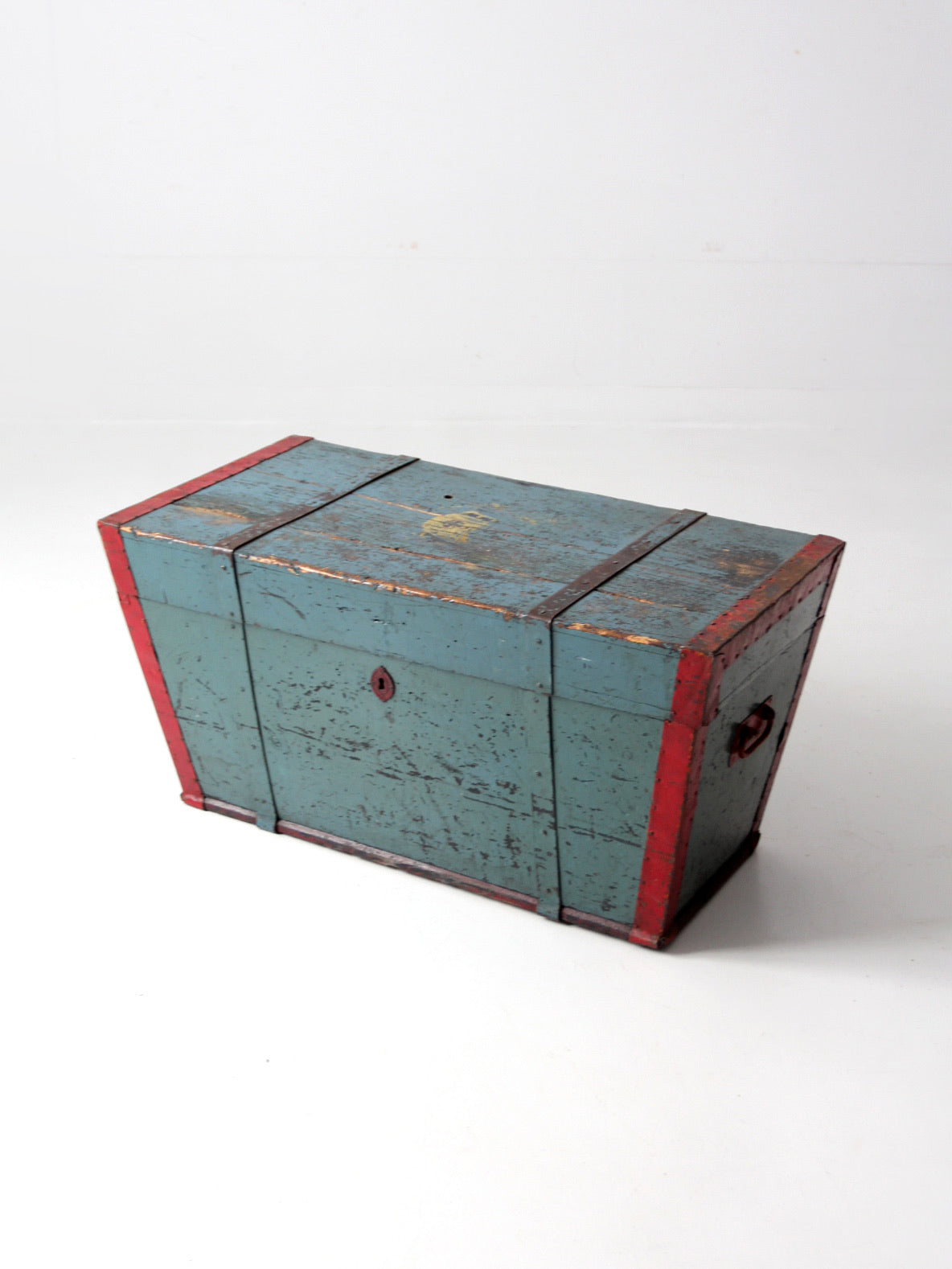 antique blue hand-painted wood trunk