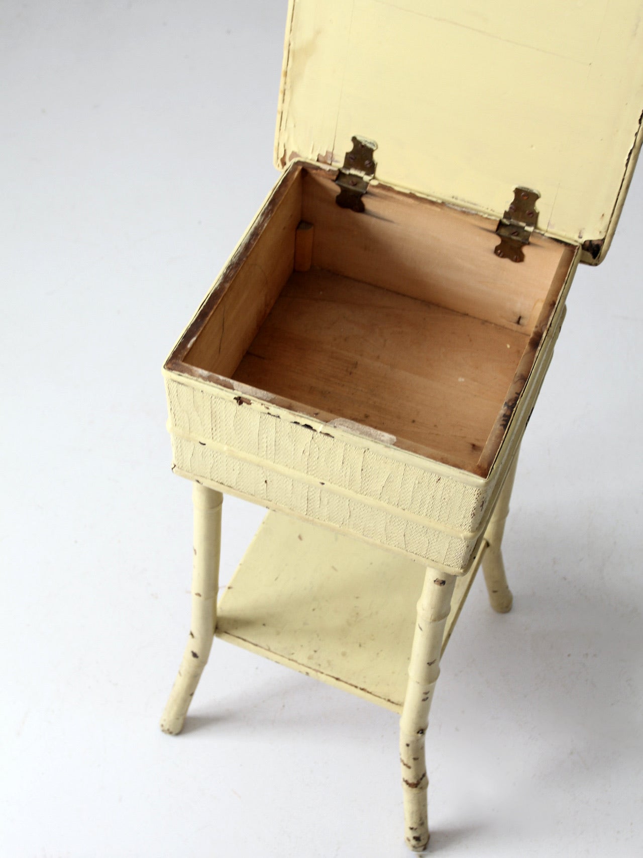 antique bamboo side table with storage top