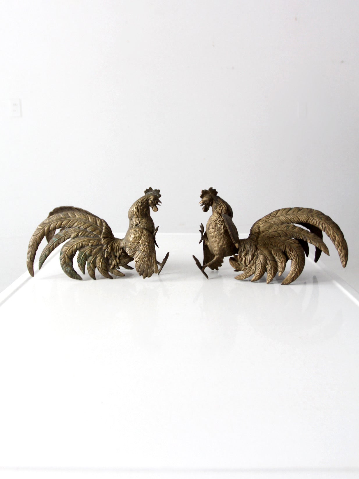 antique bronze fighting roosters pair