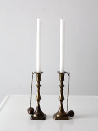 antique brass candlestick holders pair with hanging snuffers