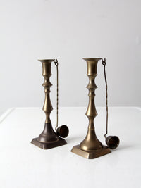 antique brass candlestick holders pair with hanging snuffers