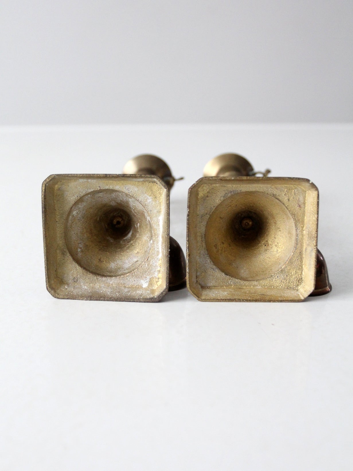 antique brass candlestick holders pair with hanging snuffers