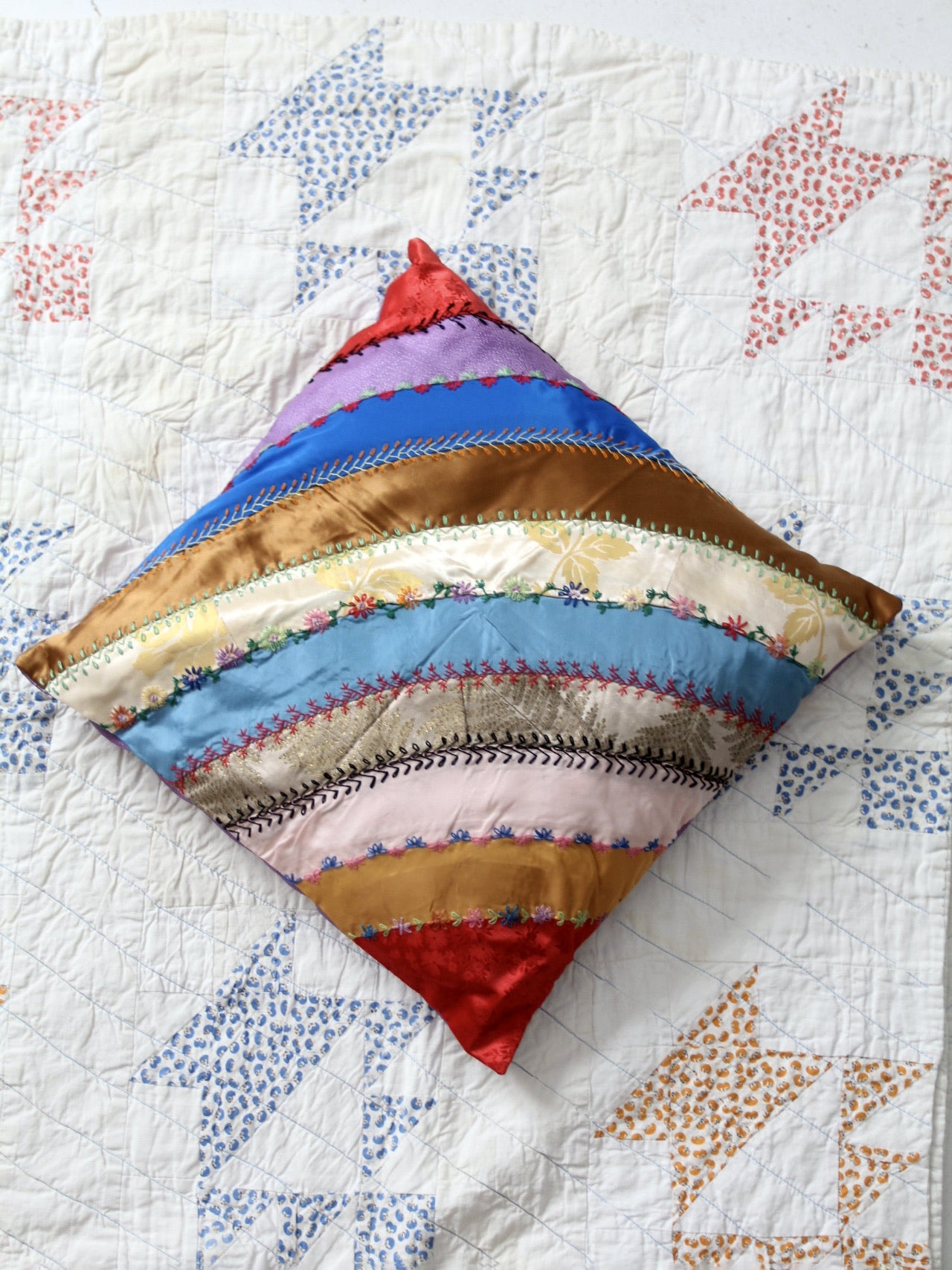 antique rainbow crazy quilt pillow
