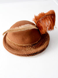 vintage 40s half veil hat with feathers