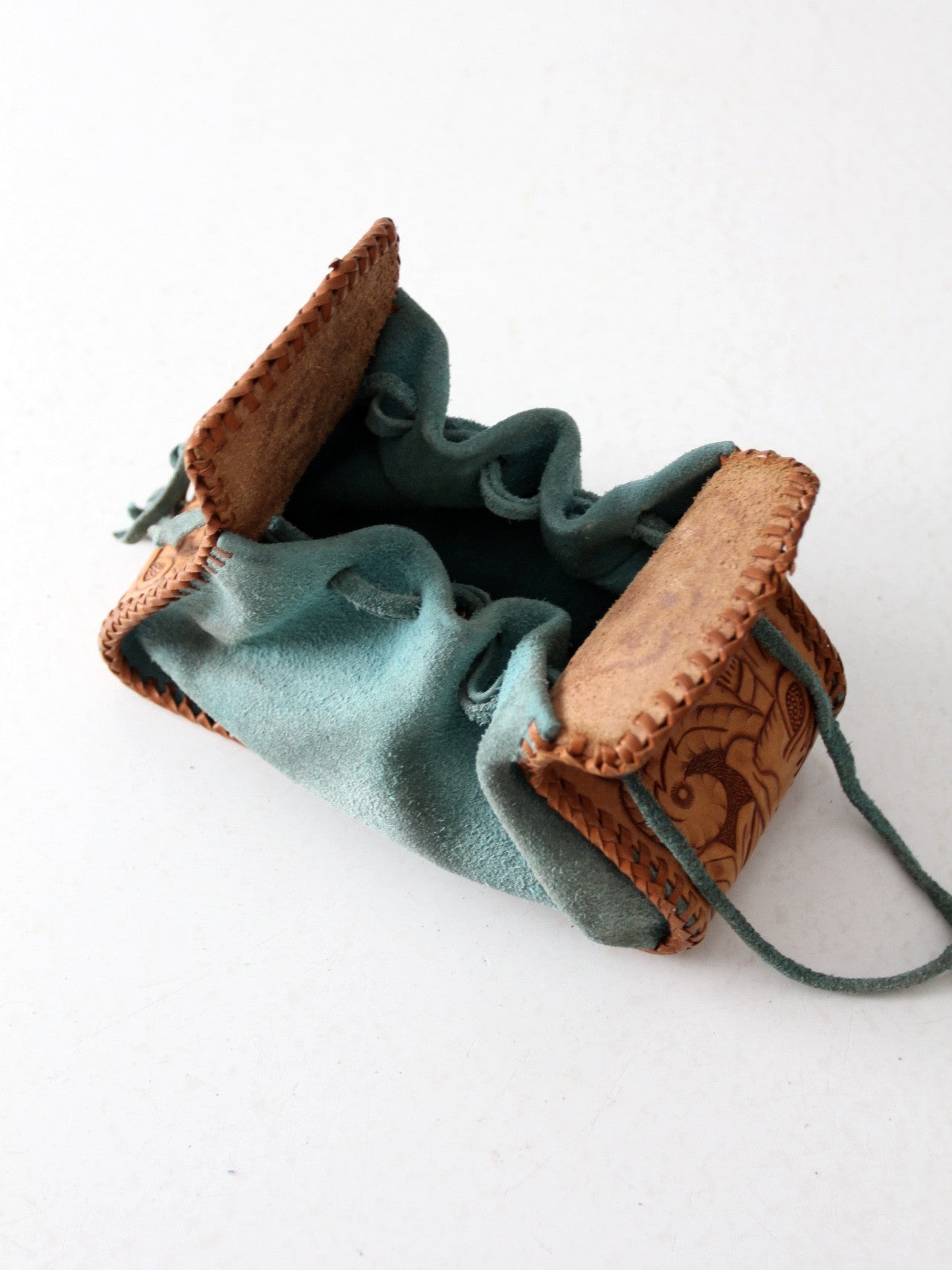 vintage tooled leather and suede southwestern hippie pouch bag