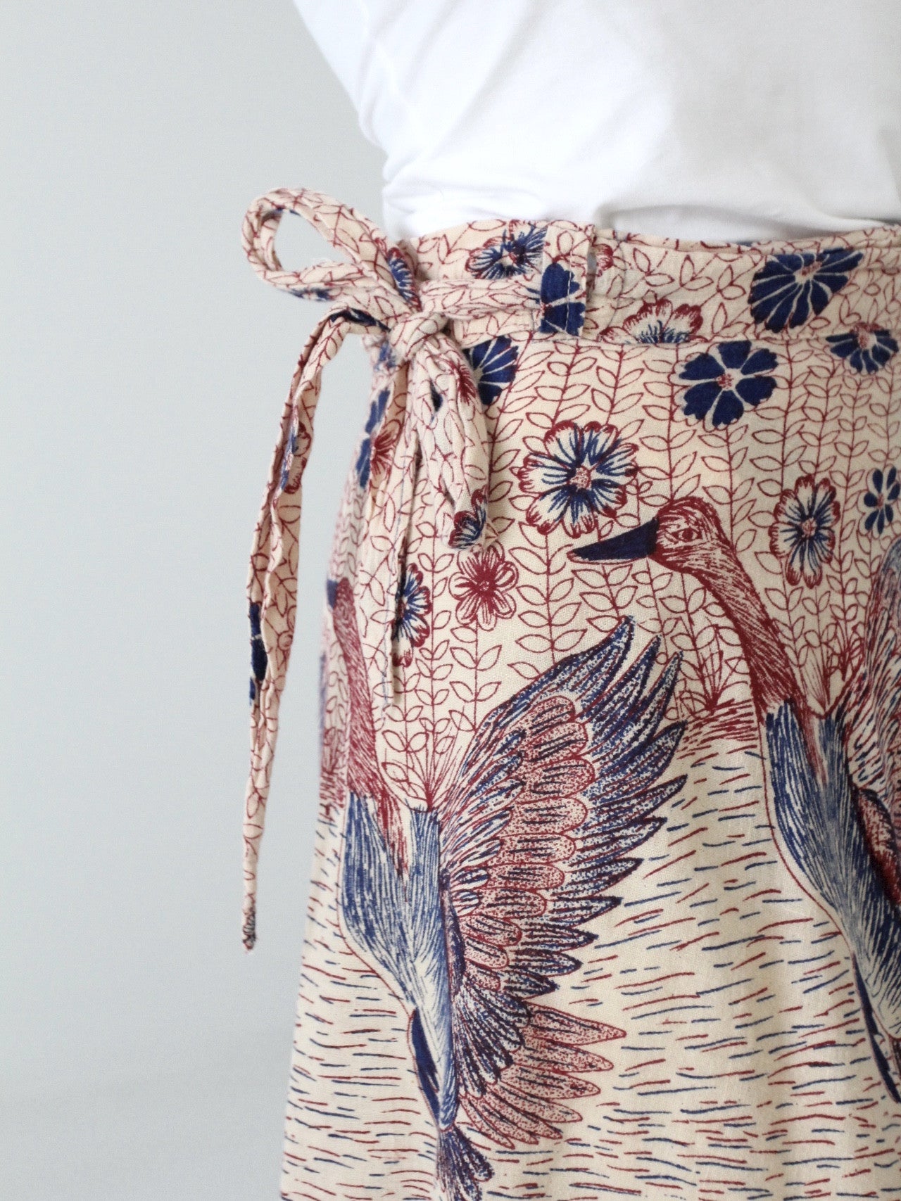 vintage 70s boho wrap skirt with bird print