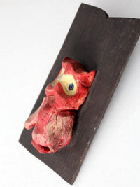 vintage pottery owl on ebony wood board art