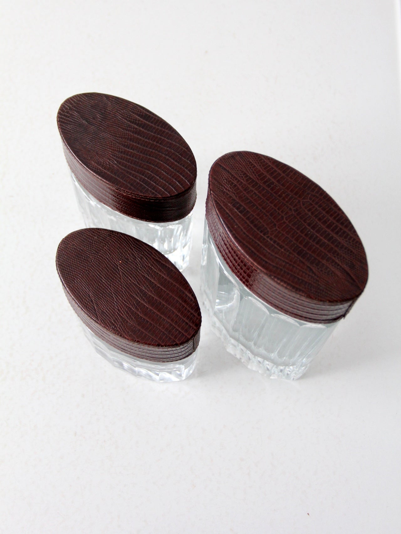 vintage glass jars with leather lids set of 3
