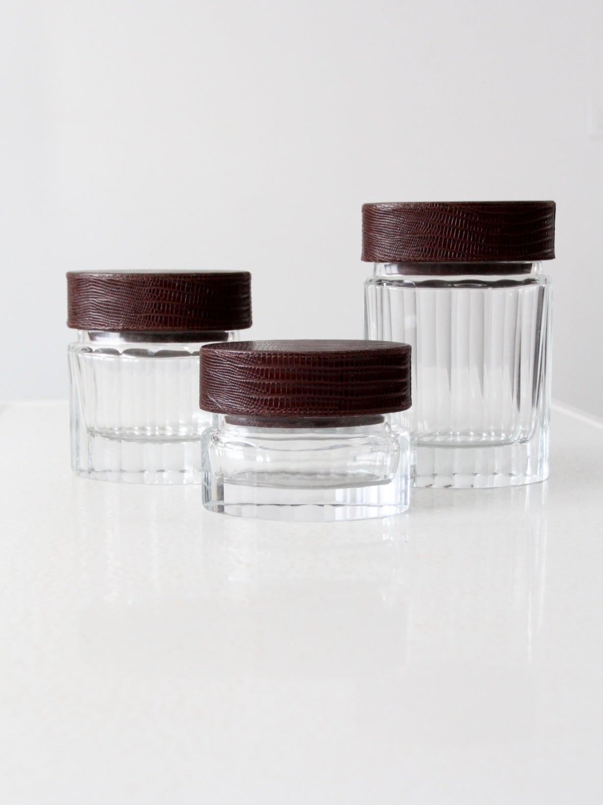 vintage glass jars with leather lids set of 3