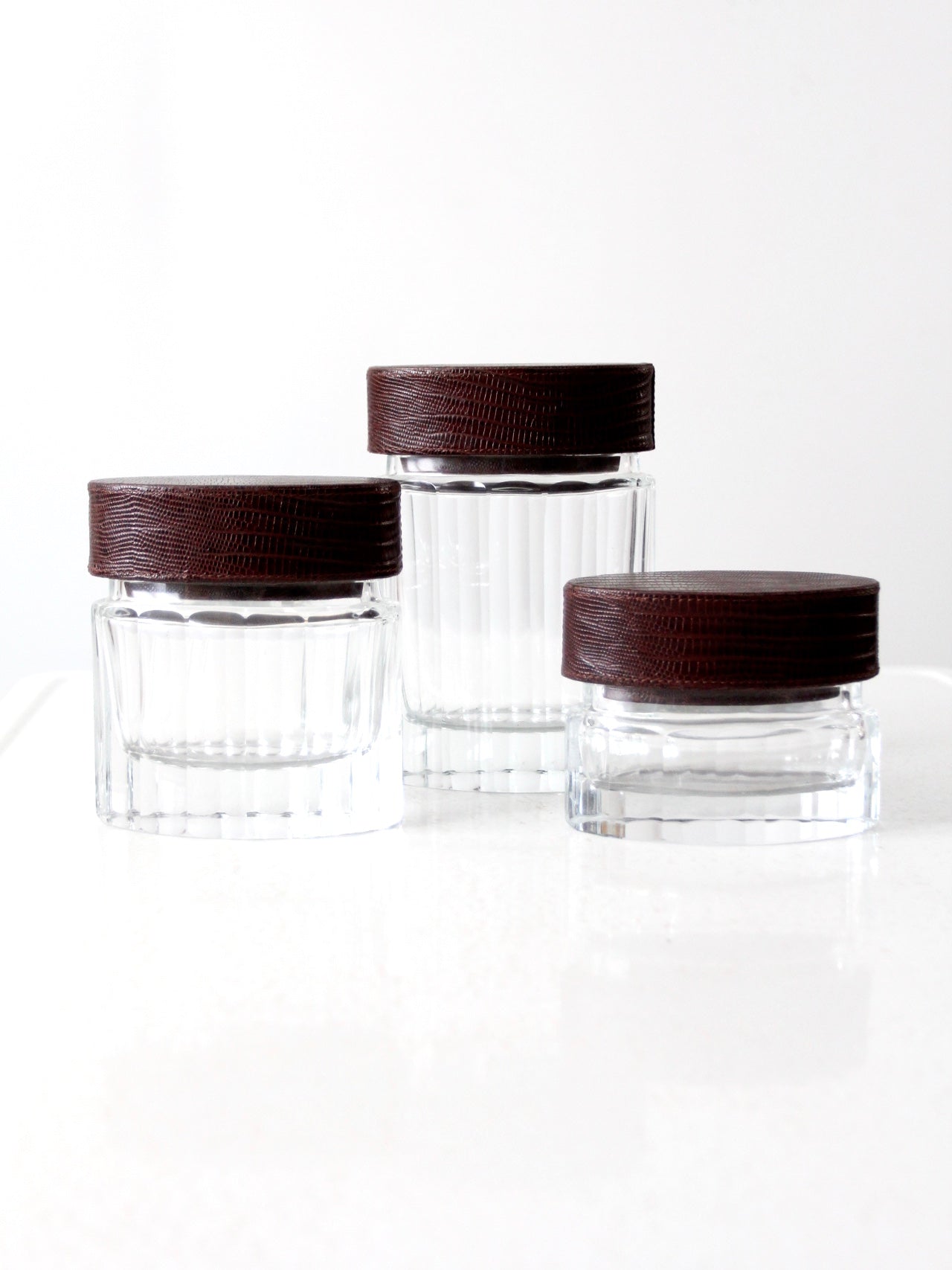 vintage glass jars with leather lids set of 3