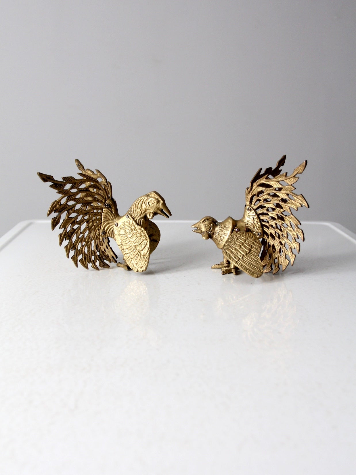 mid-century brass rooster pair