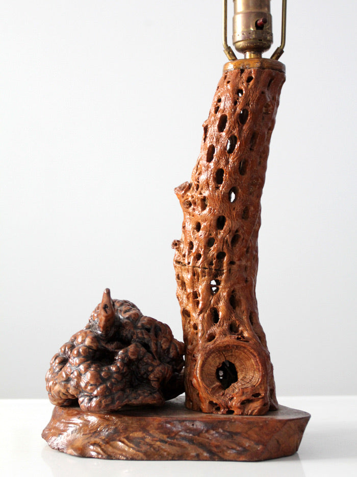 mid-century organic modern burl wood table lamp