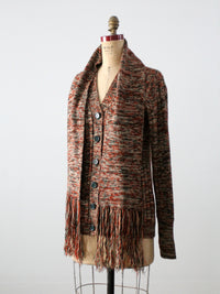 vintage 1970s marled knit cardigan with attached fringed scarf