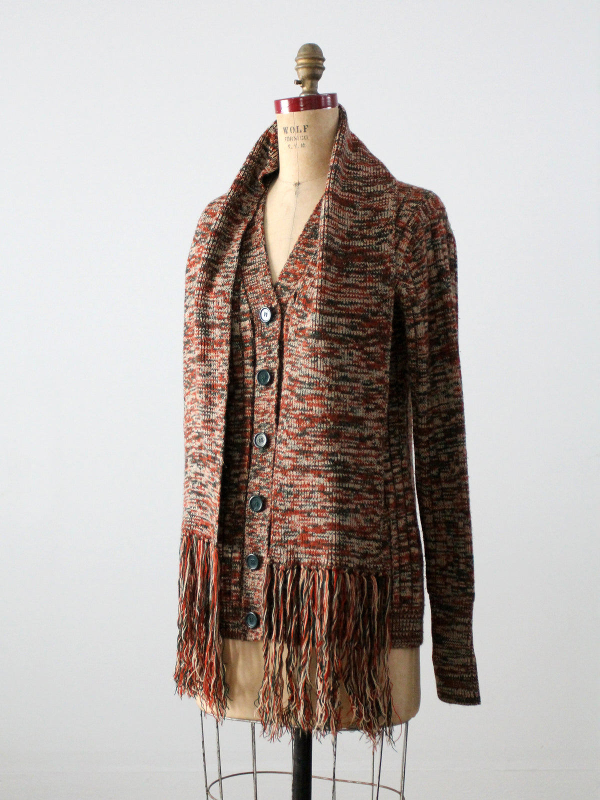 vintage 1970s marled knit cardigan with attached fringed scarf