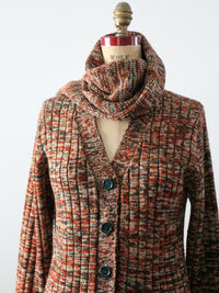 vintage 1970s marled knit cardigan with attached fringed scarf