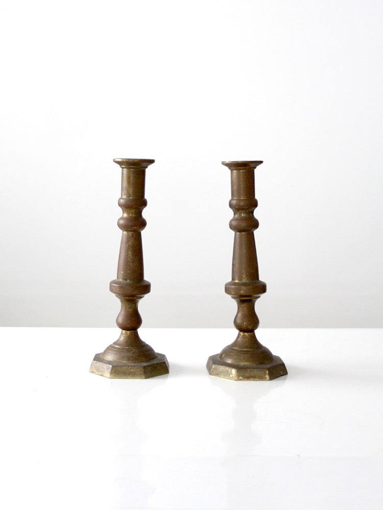 vintage Mexican brass candlestick holders pair