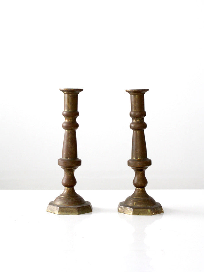 vintage Mexican brass candlestick holders pair