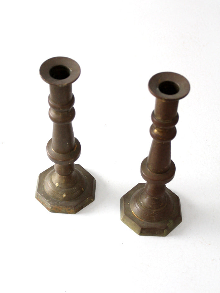 vintage Mexican brass candlestick holders pair