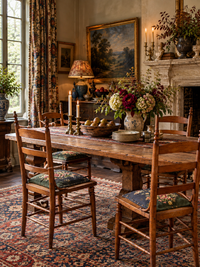 set of four Victorian ladder-back chairs with antique needlepoint seats