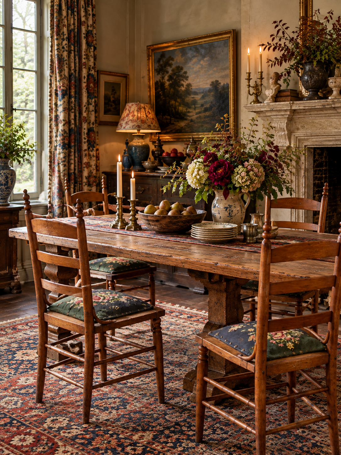 set of four Victorian ladder-back chairs with antique needlepoint seats