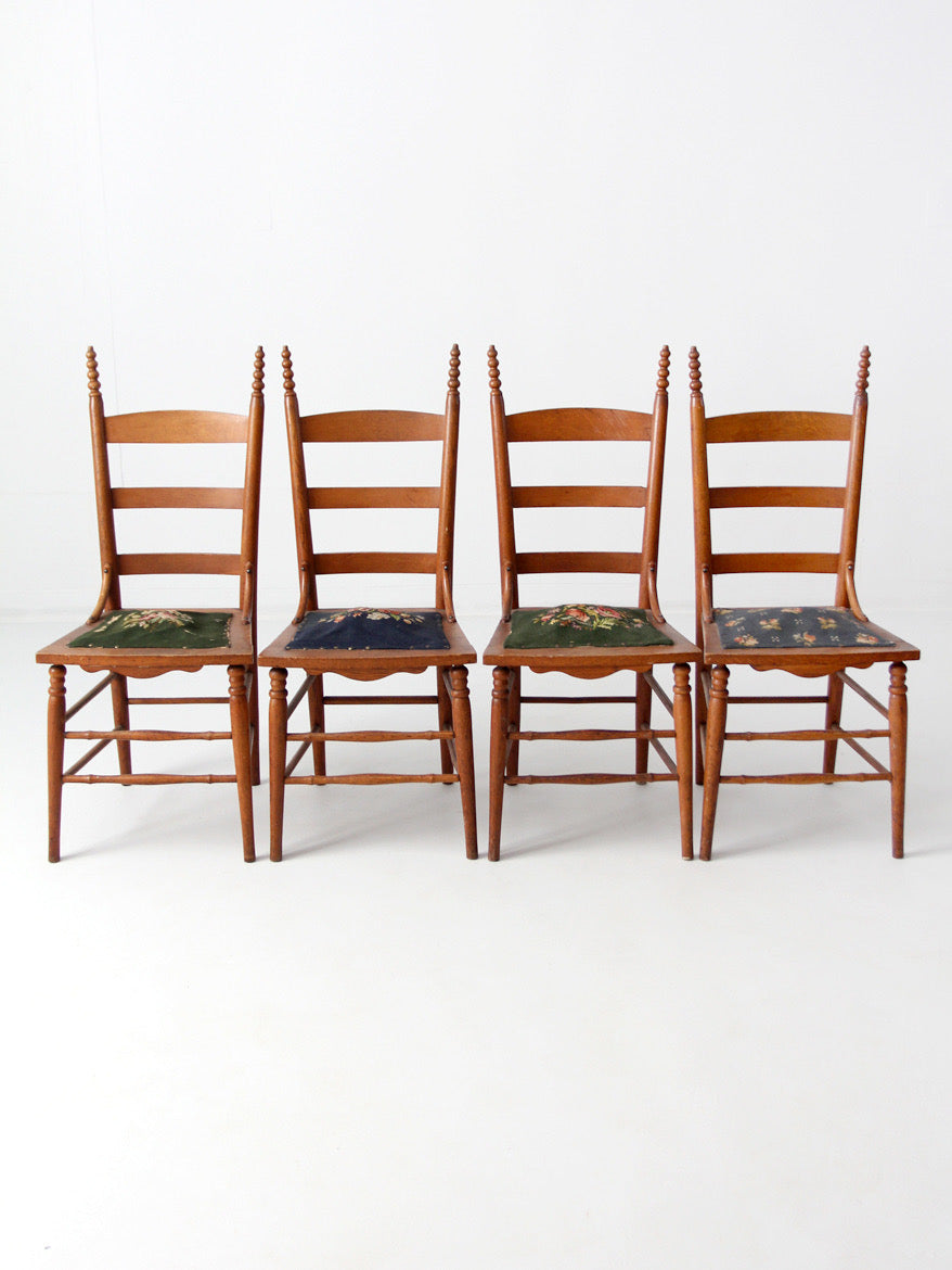 set of four Victorian ladder-back chairs with antique needlepoint seats