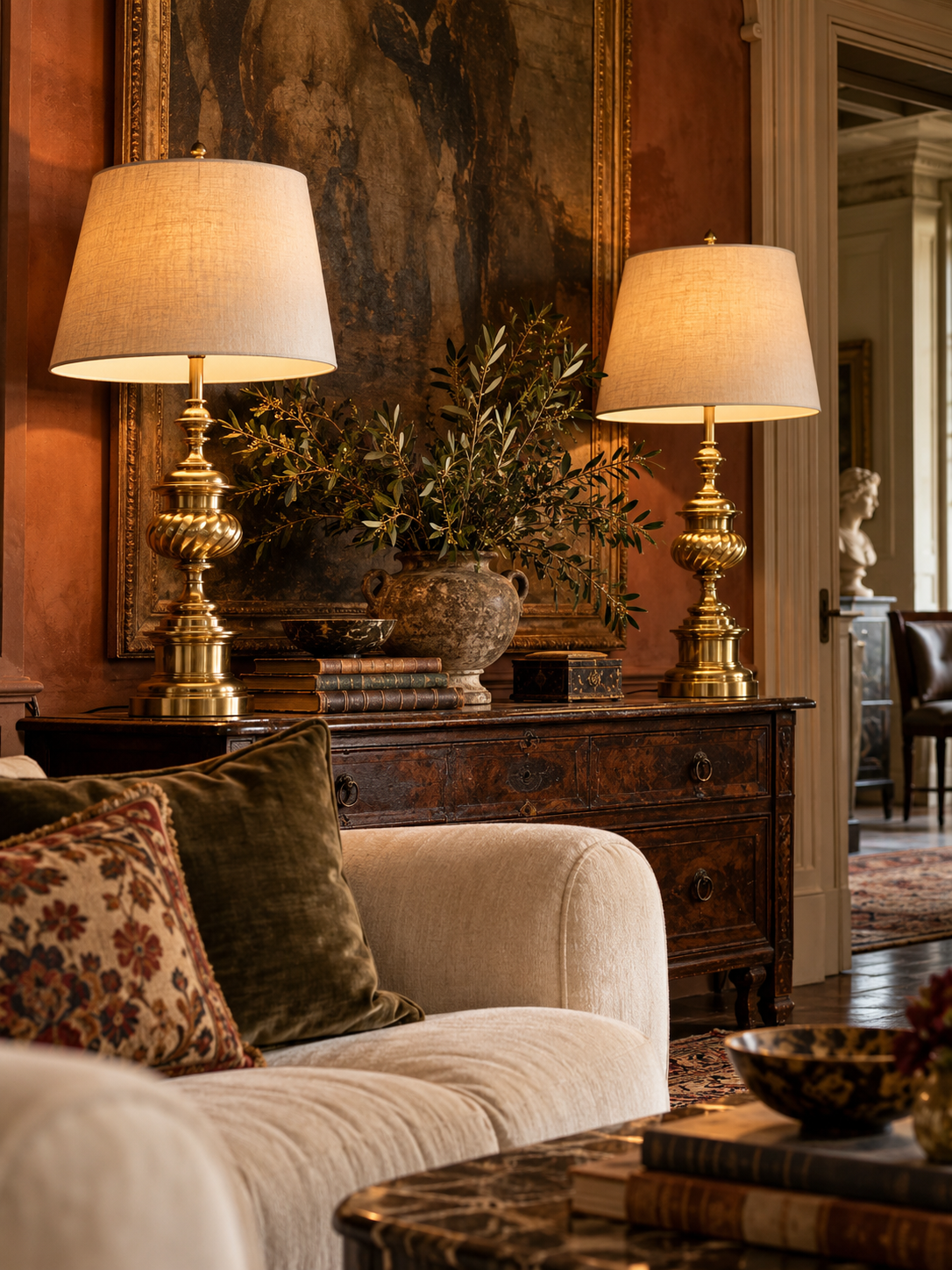 vintage Neoclassical brass urn table lamps | pair