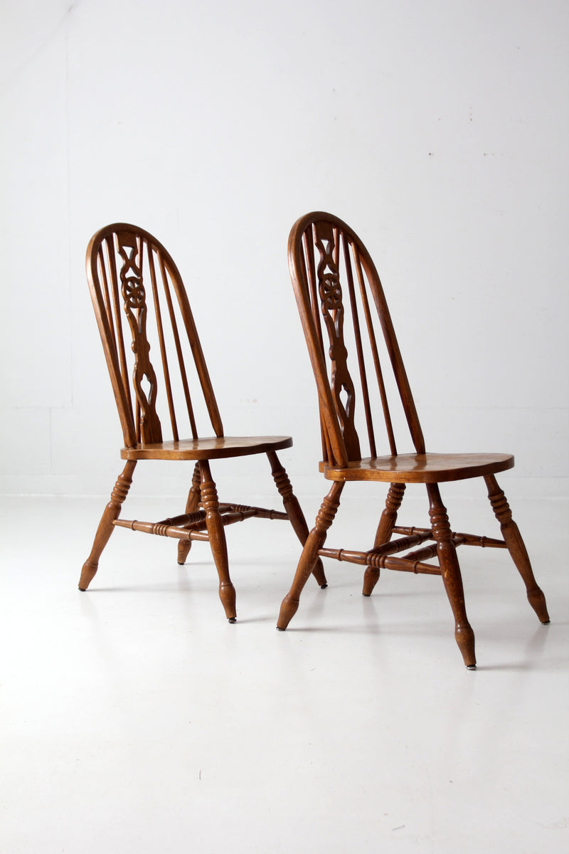 mid century oak Windsor style dining chairs pair