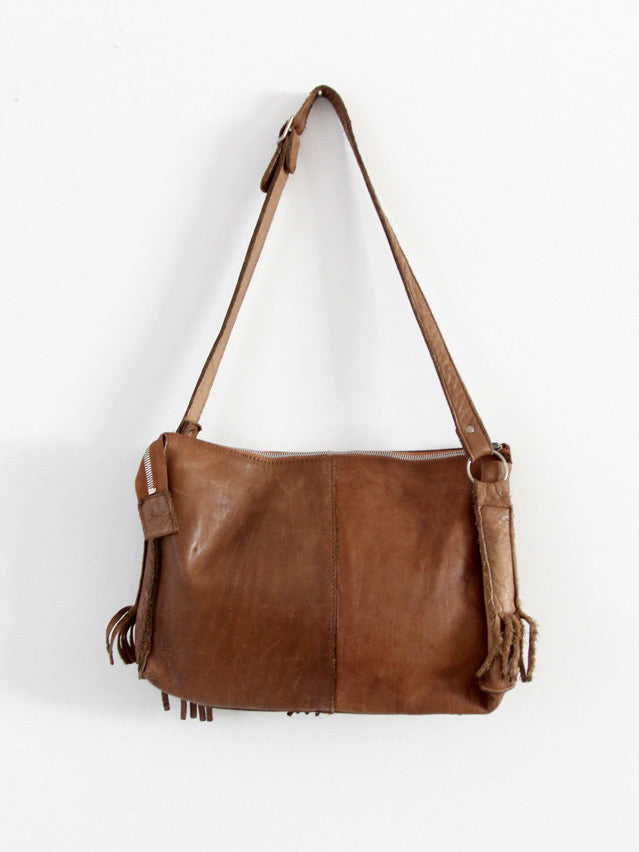 1970s brown leather fringe shoulder bag