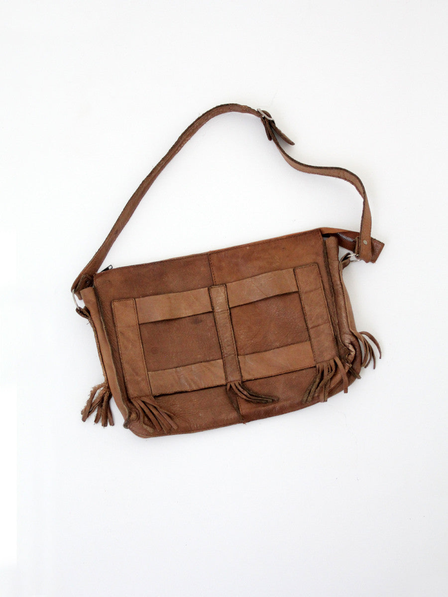 1970s brown leather fringe shoulder bag