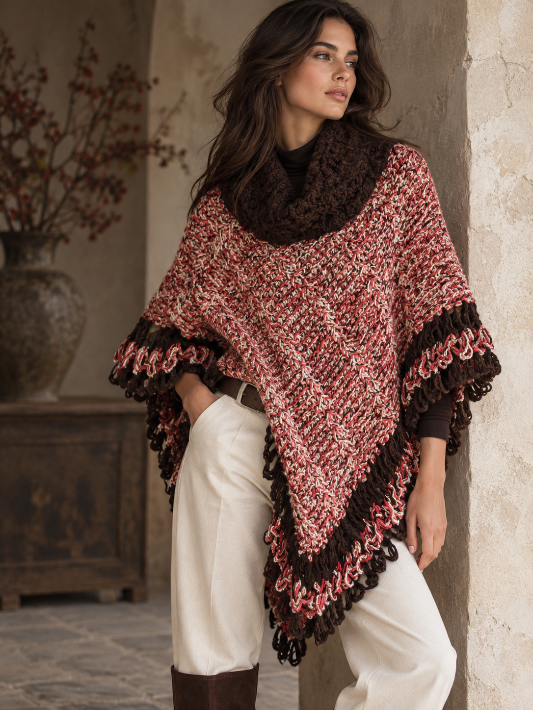 vintage hand-knit fringe poncho