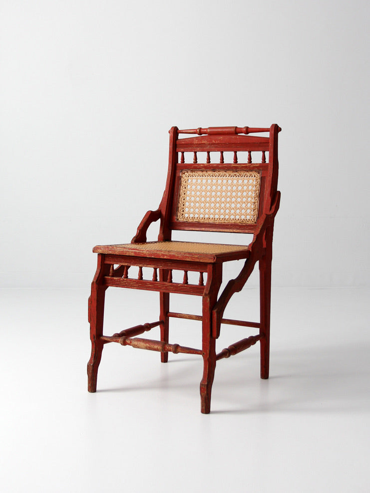 antique red painted cane cottage chair