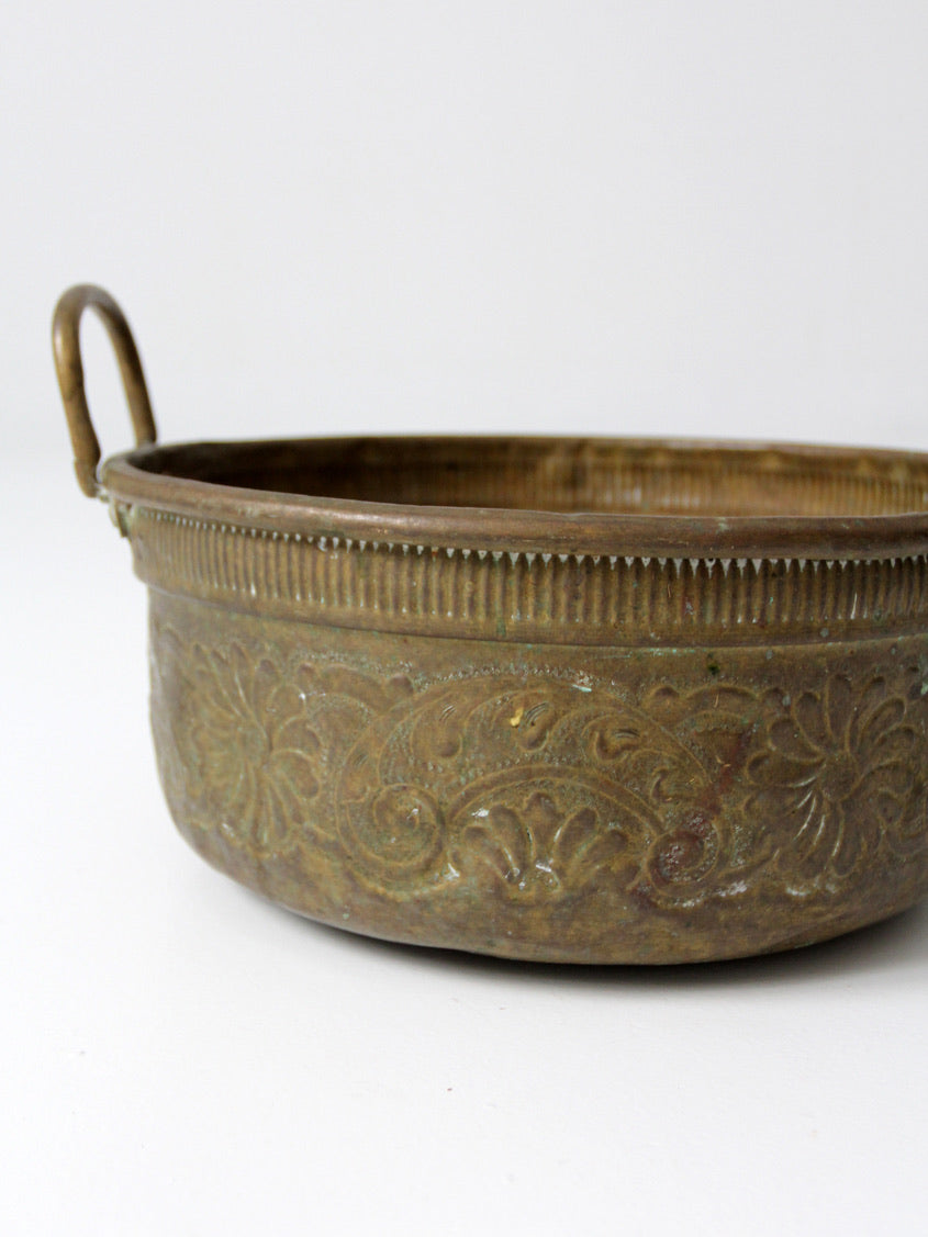 antique embossed brass basin with floral decoration