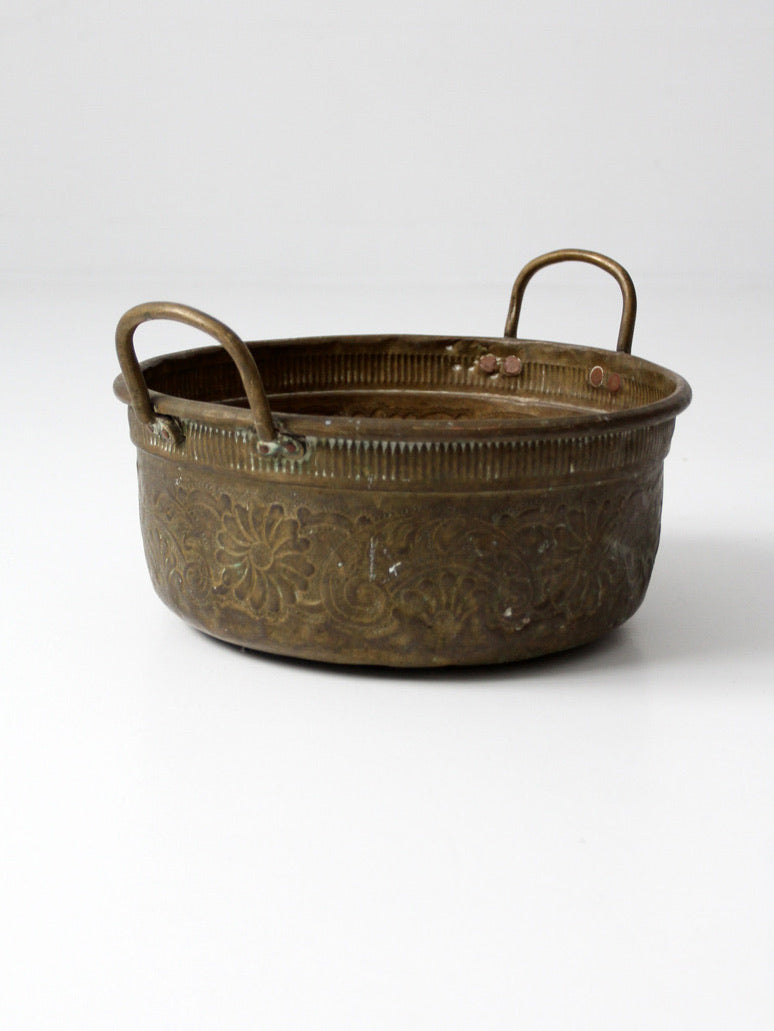 antique embossed brass basin with floral decoration