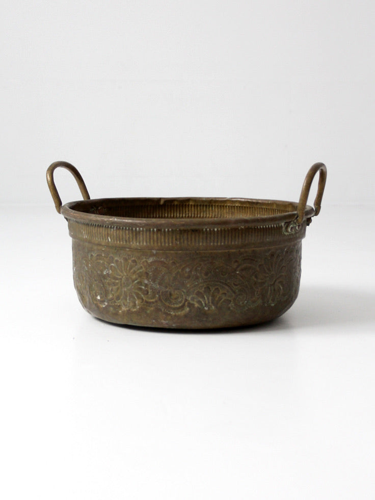 antique embossed brass basin with floral decoration