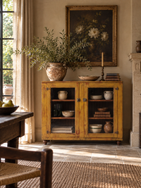 antique painted wood glass door display cabinet