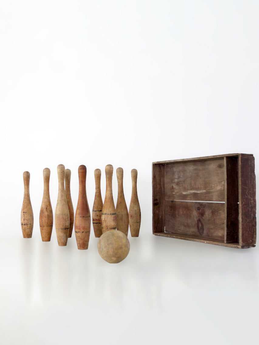 antique wooden bowling pins game with box