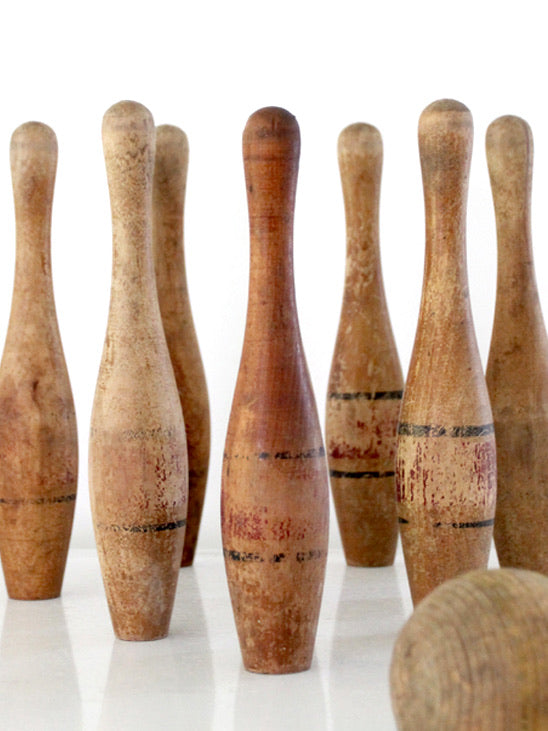 antique wooden bowling pins game with box