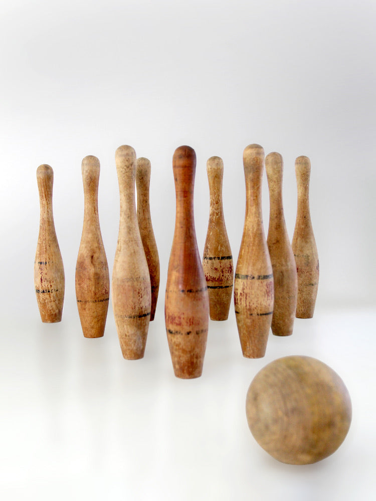 antique wooden bowling pins game with box