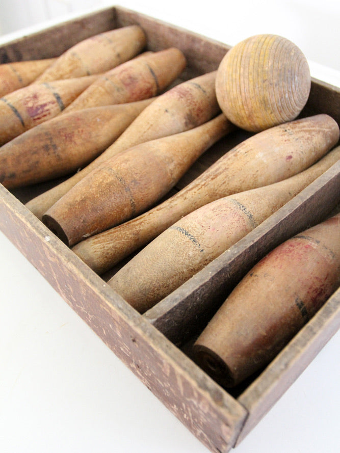 antique wooden bowling pins game with box